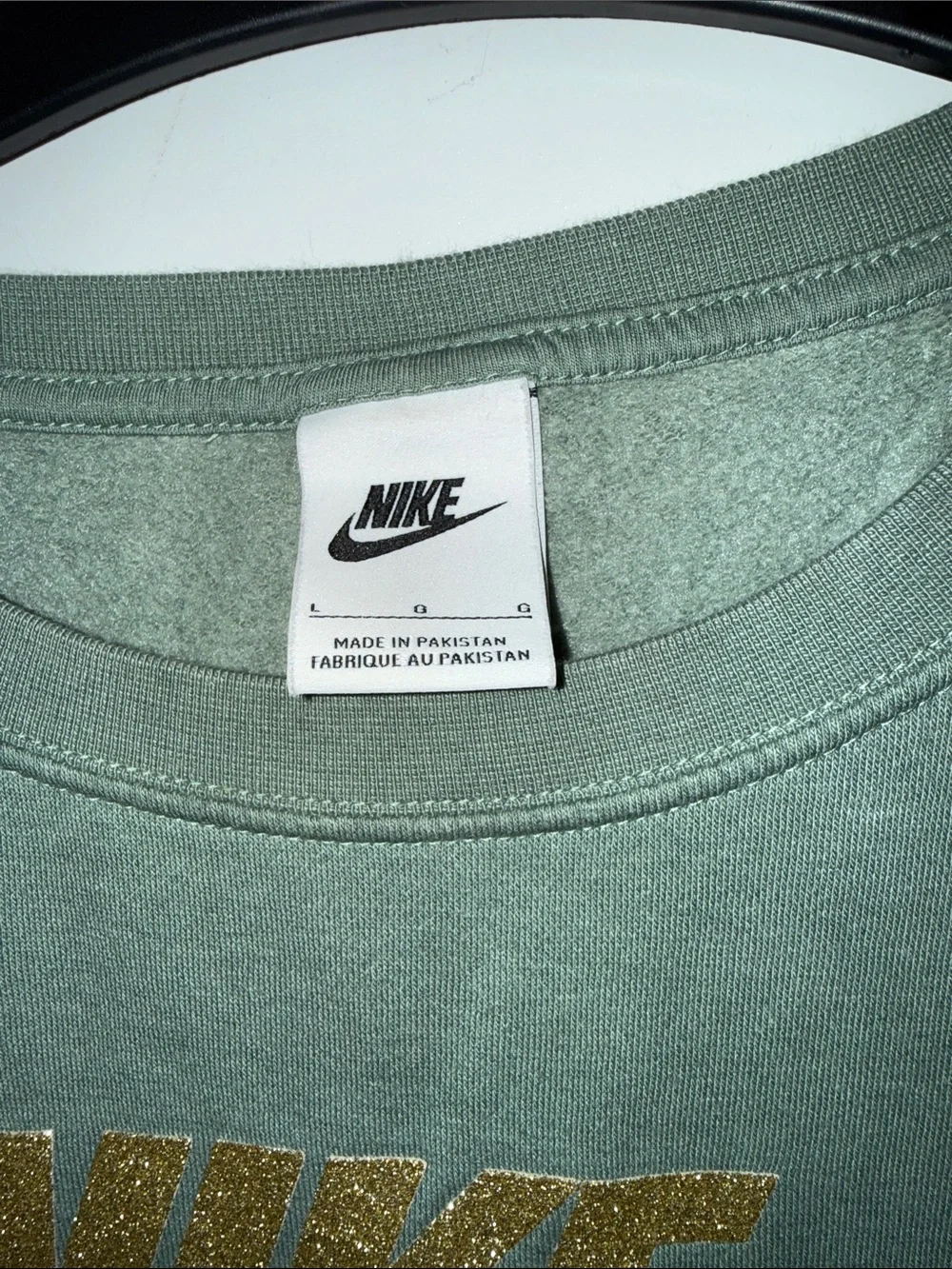 Nike Women's Sage Green Crewneck Sweatshirt with Gold Logo size large